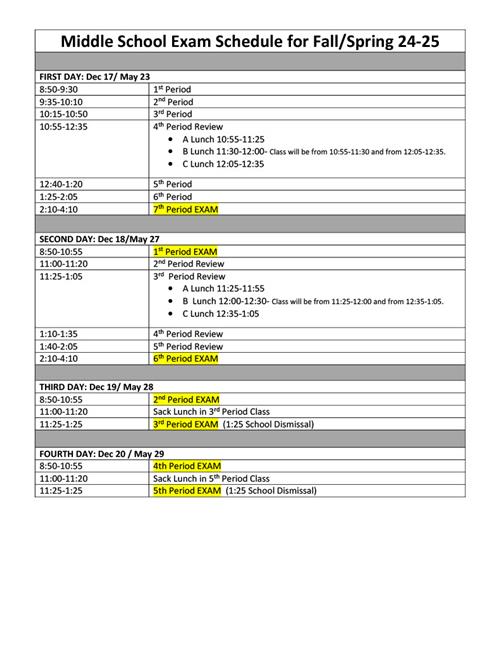  Middle School Exam Schedule